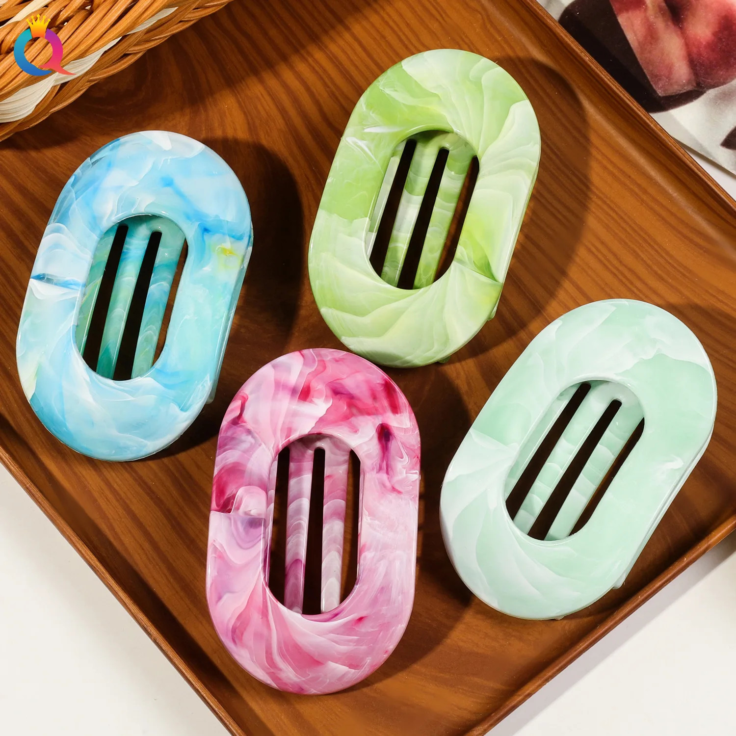 Oval Hair Claw Acrylic Marbling Flat Circular Grip Colorful Updo Women Headwear