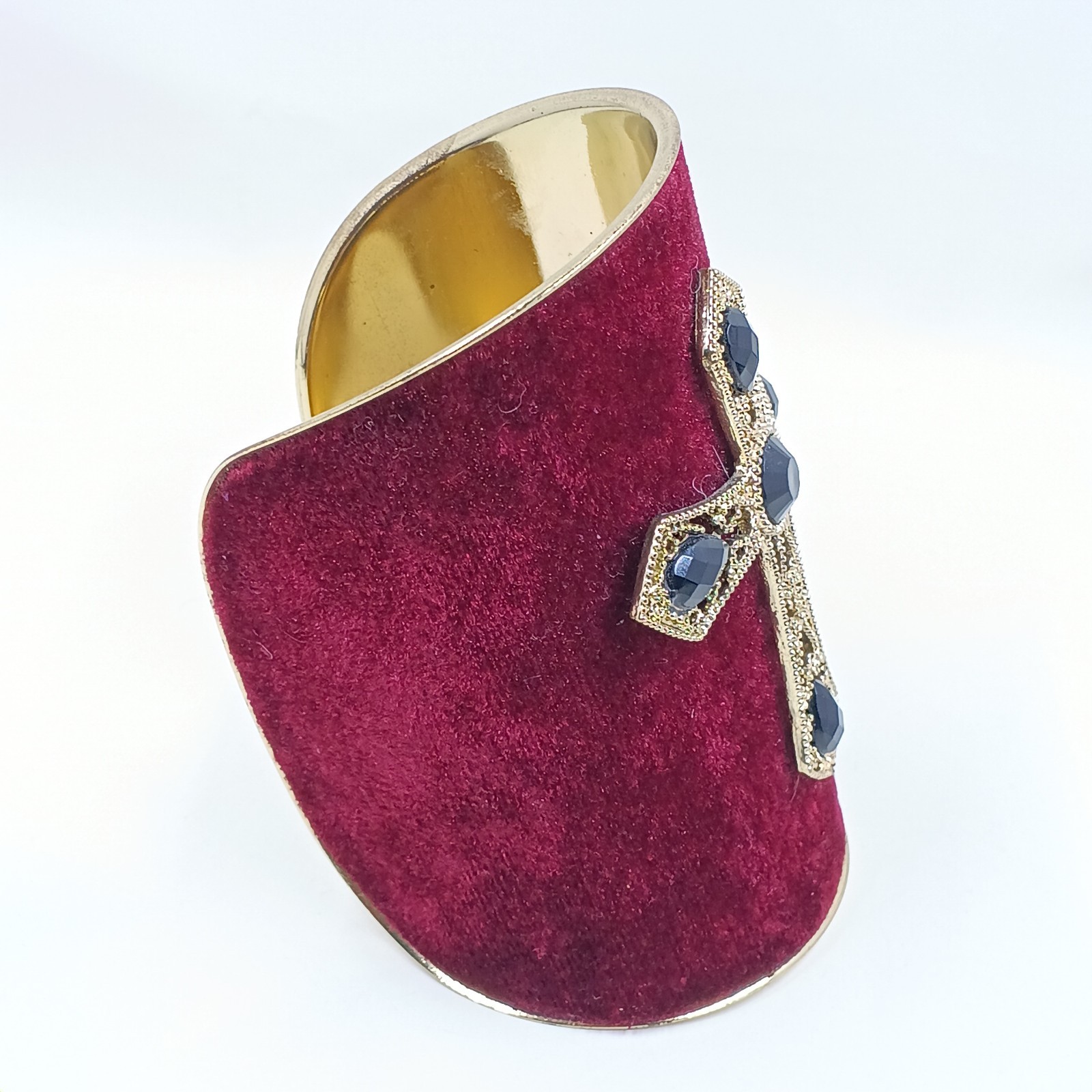 Vintange Cross Cuff Bracelet Red Velvet Gold Tone Black Rhinestones