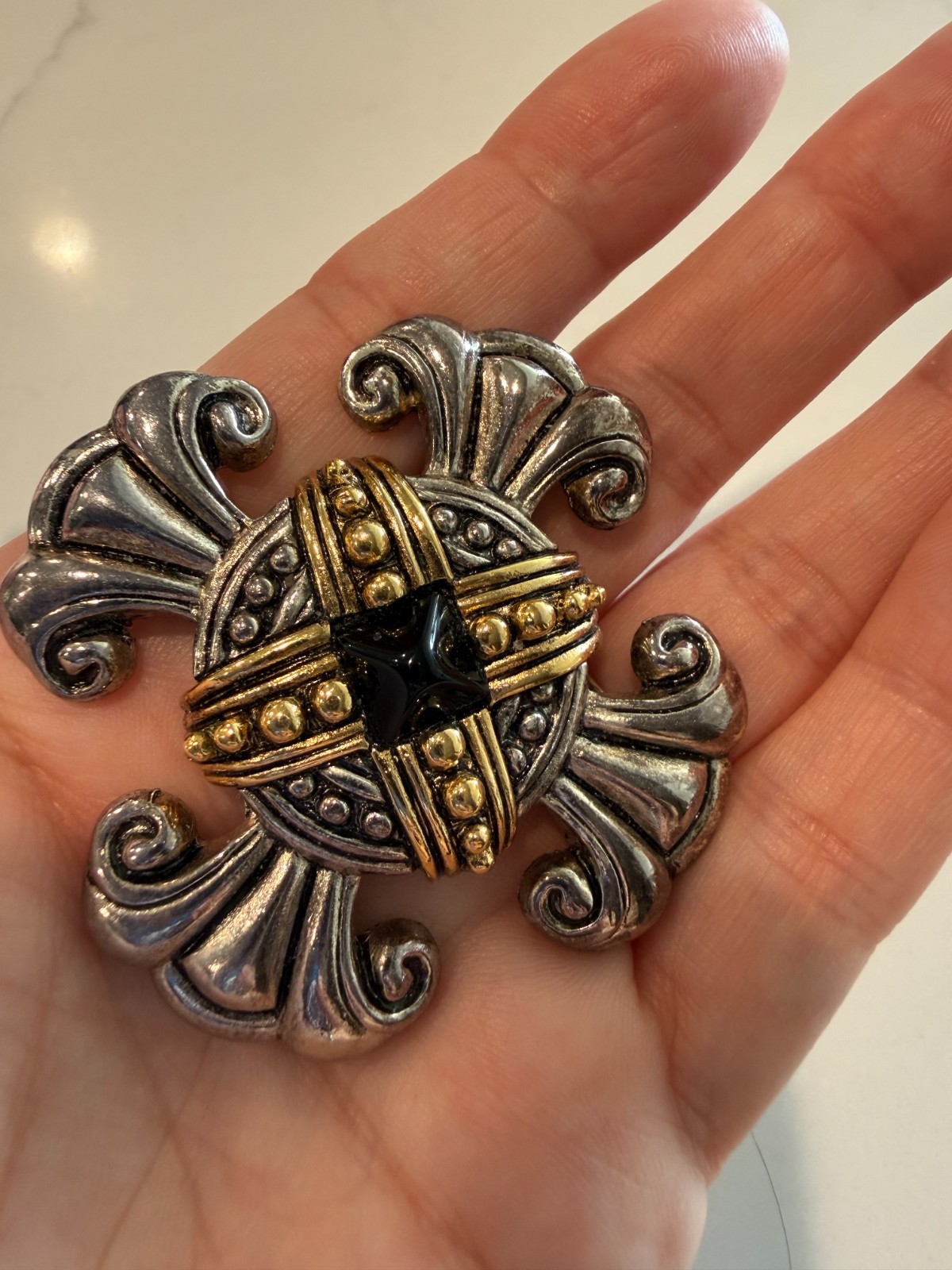 Y2K Vtg Premier Designs Crescendo Renaissance Cross Brooch Pin Silver and Gold