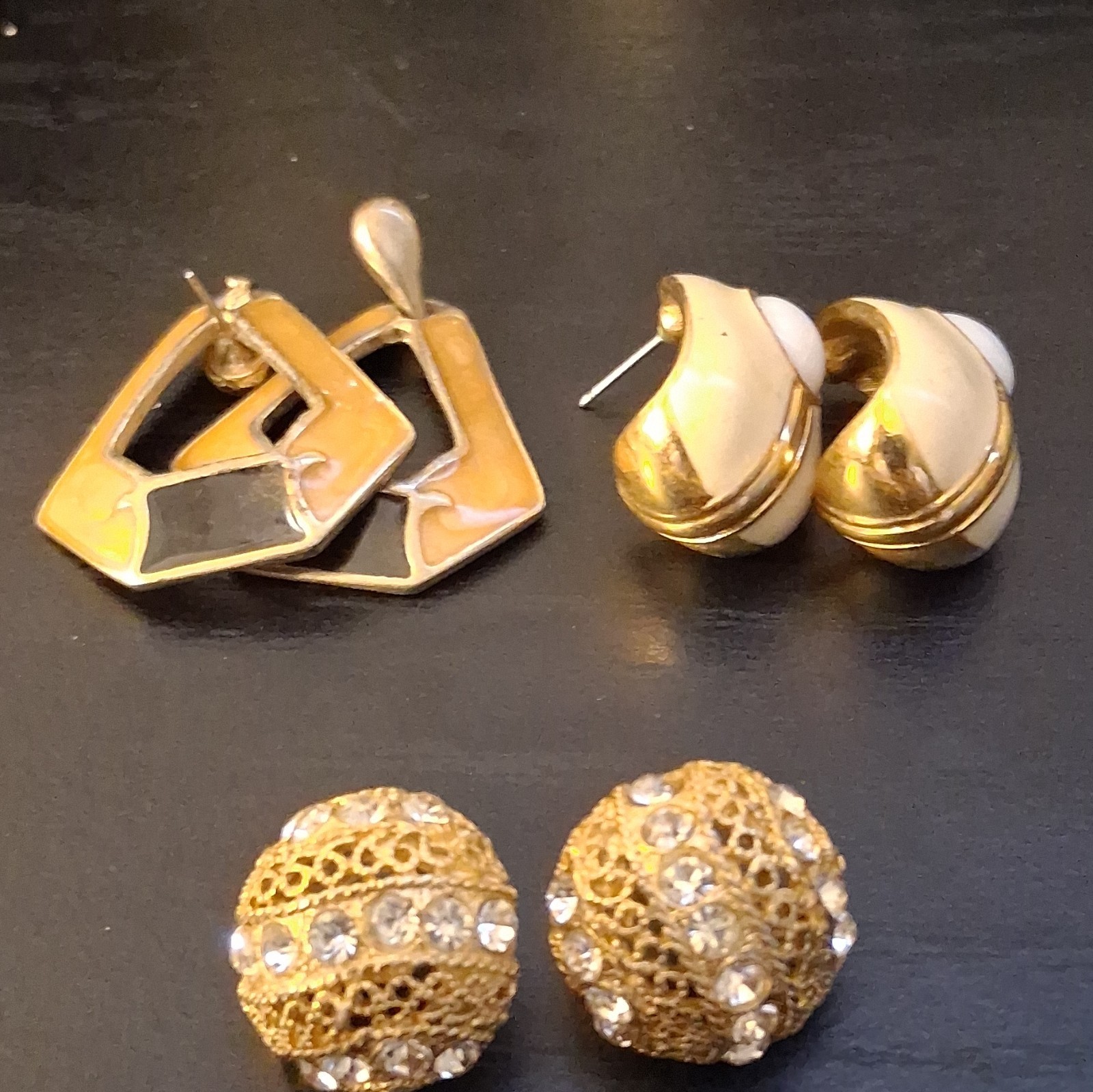 Lot 3 Pair Vintage Gold Tone Stud Earrings Clear Rhinestone White Black