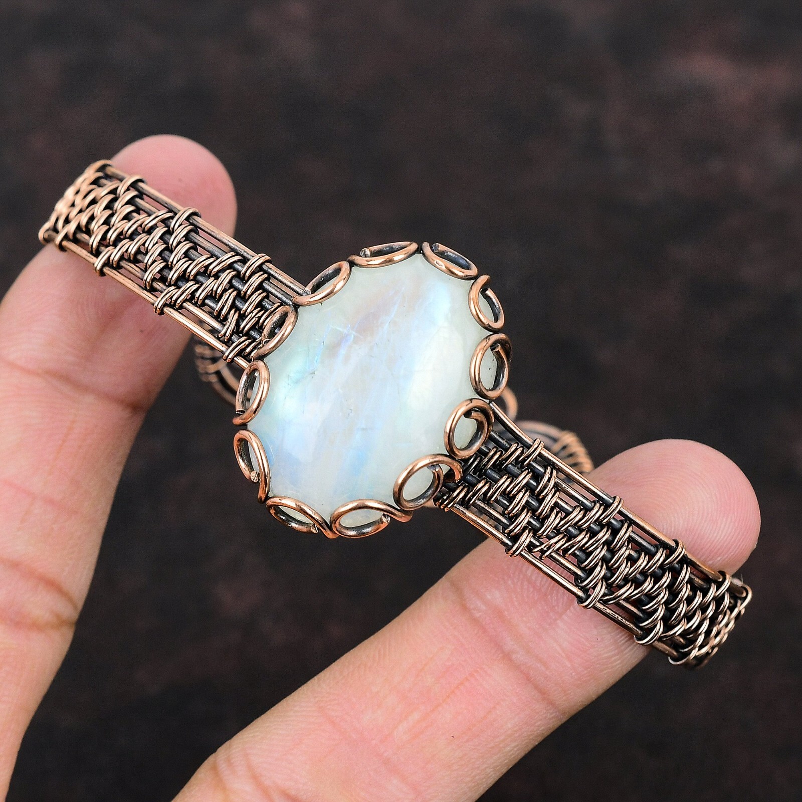 Rainbow Moonstone Wire Wrapped Adjustable Bangle Handcrafted Copper Gift