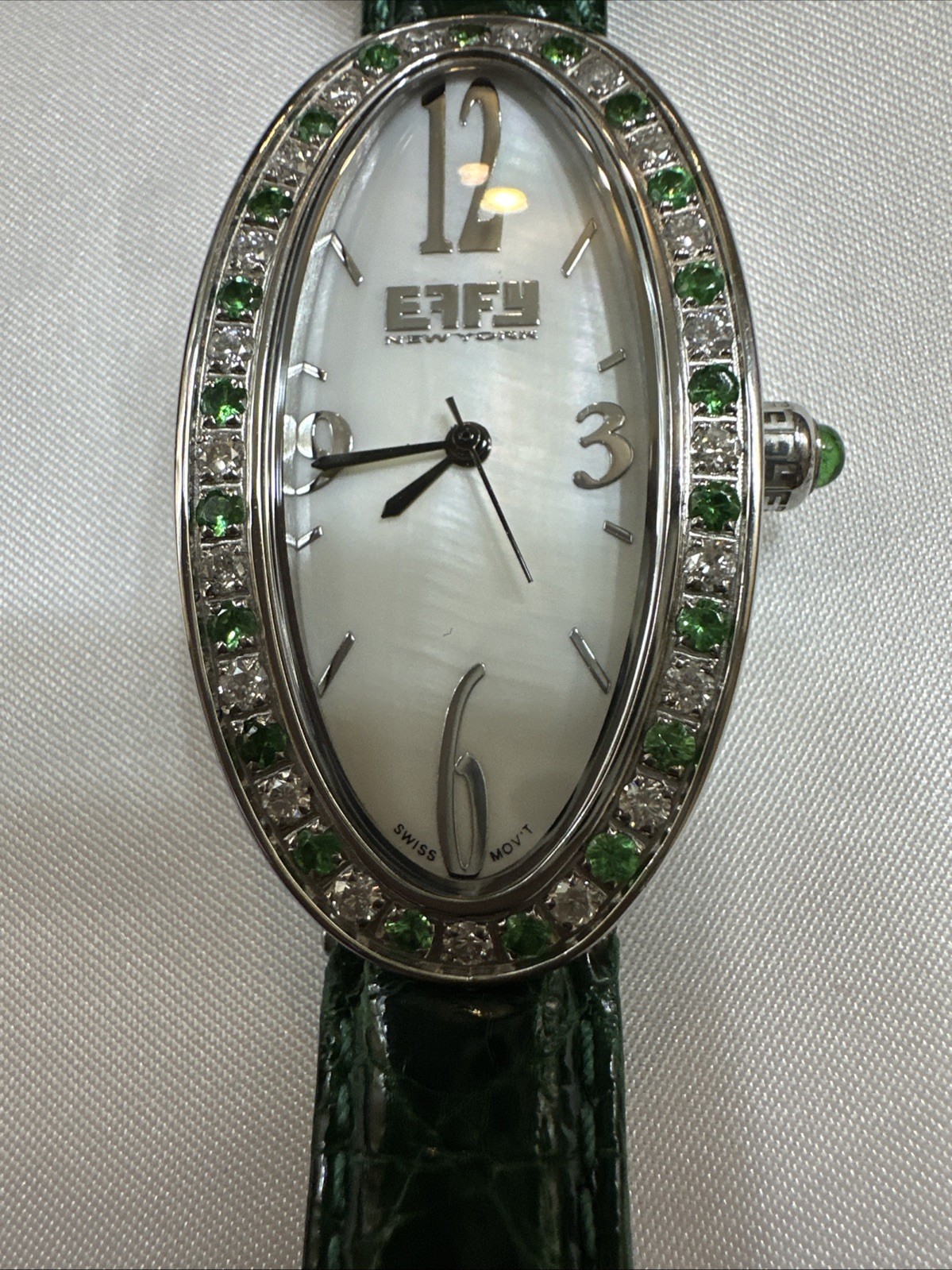 Effy Diamond & Tsavorite 1.78 Ct Swiss Quartz Ladies Watch Green Crocodile Strap