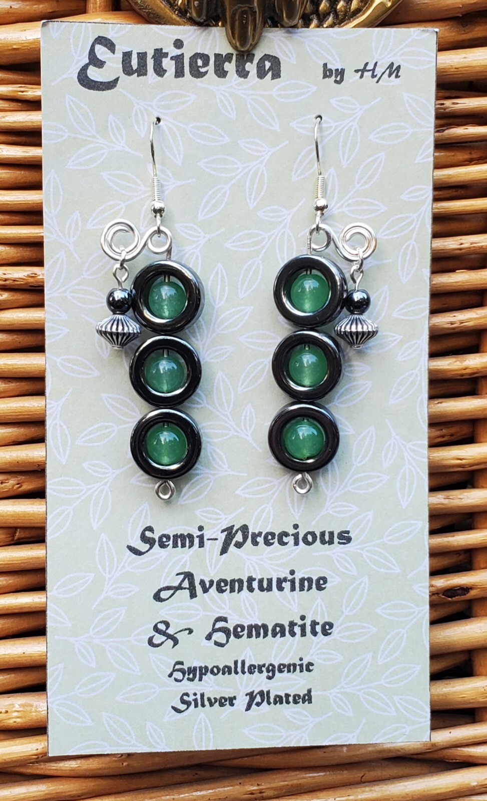 Eutierra Semi-Precious Aventurine & Hematite Earrings Hand Crafted In USA 2 1/4