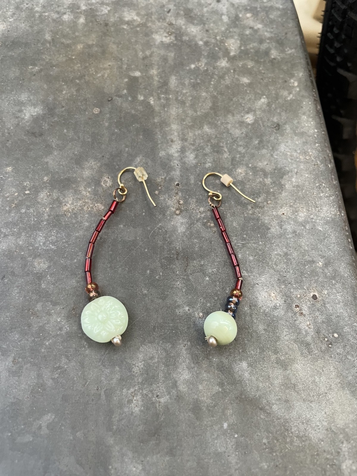 Artisan blue/green and red beaded Drop Earrings w/ flower etching