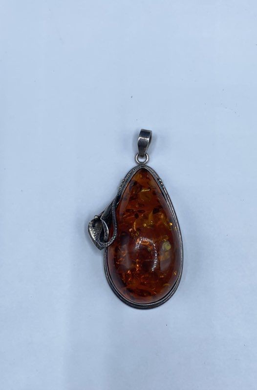 Sterling Silver 925 Cognac Amber Teardrop Pendant Floral Calla Lily 2.75″ 28.5g