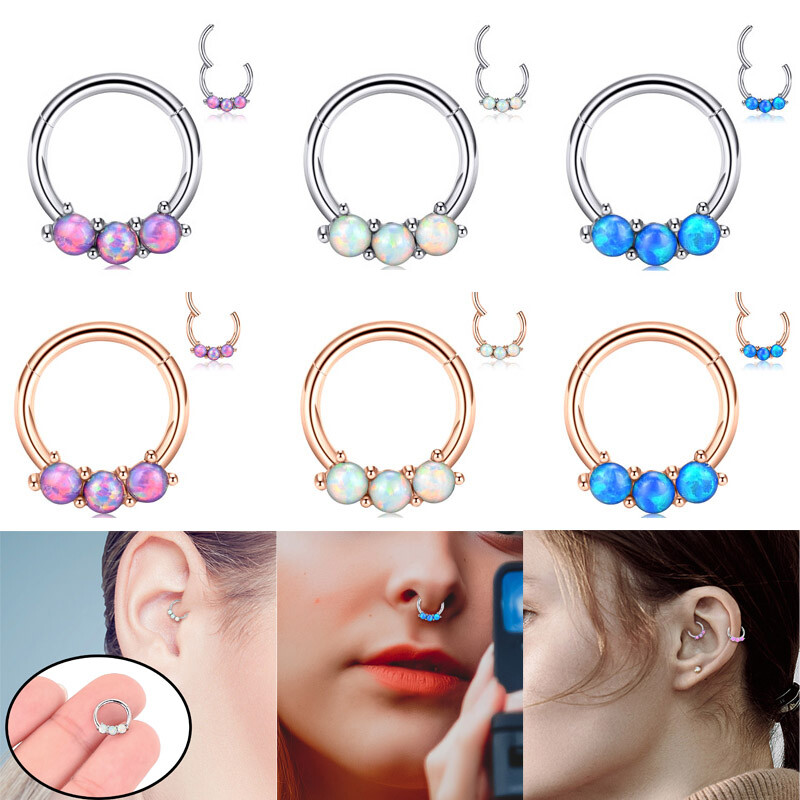 2pcs Silver+Rosegold Opal Nose Hinged Hoop Piercing Segment Ring Earring Studs