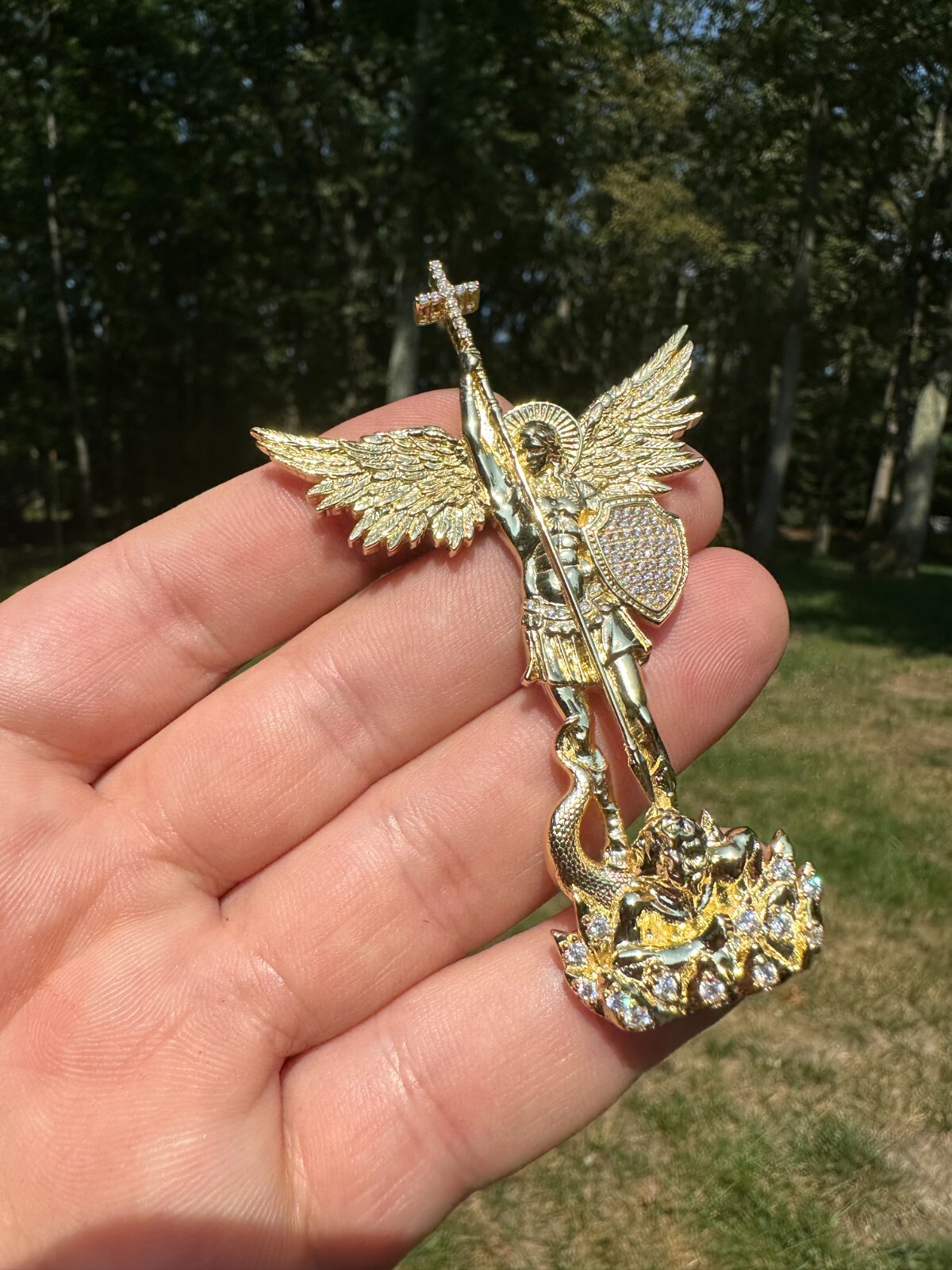 Real MOISSANITE Saint Michael Slaying Dragon Pendant 14k Gold Over 925 Silver