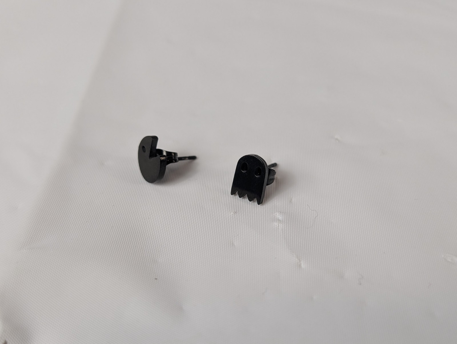 Post Pierced Earrings Tiny Small Black Metal Asymmetrical Pacman And Ghost