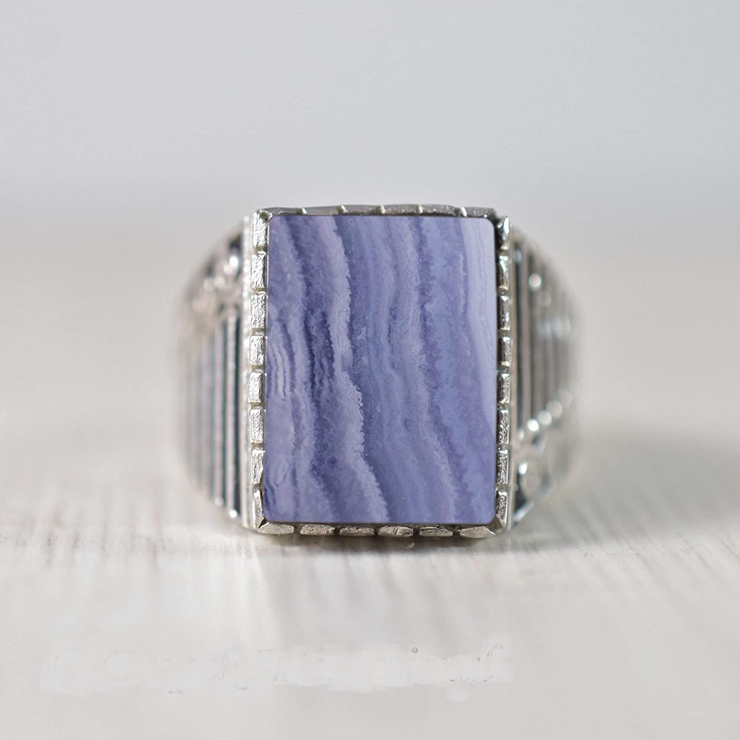 Solid 925 Sterling Silver Natural Blue Lace Agate Gemstone Men’s Unisex Ring