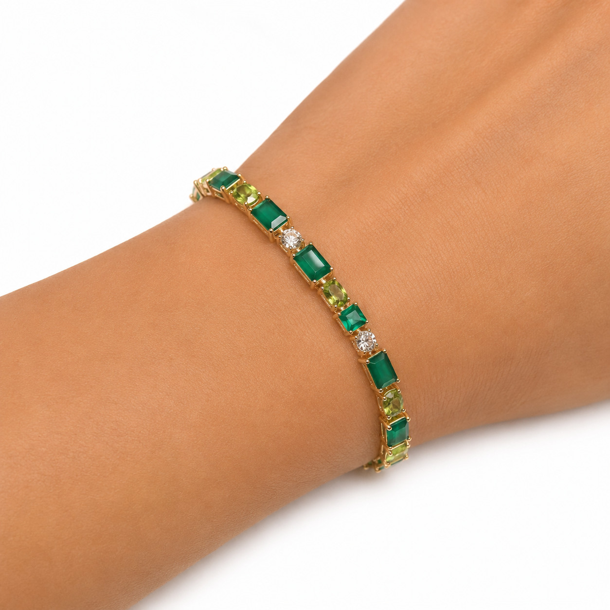 Green Agate Peridot Topaz Bracelet 9.0 In. 925 Sterling Silver Handmade