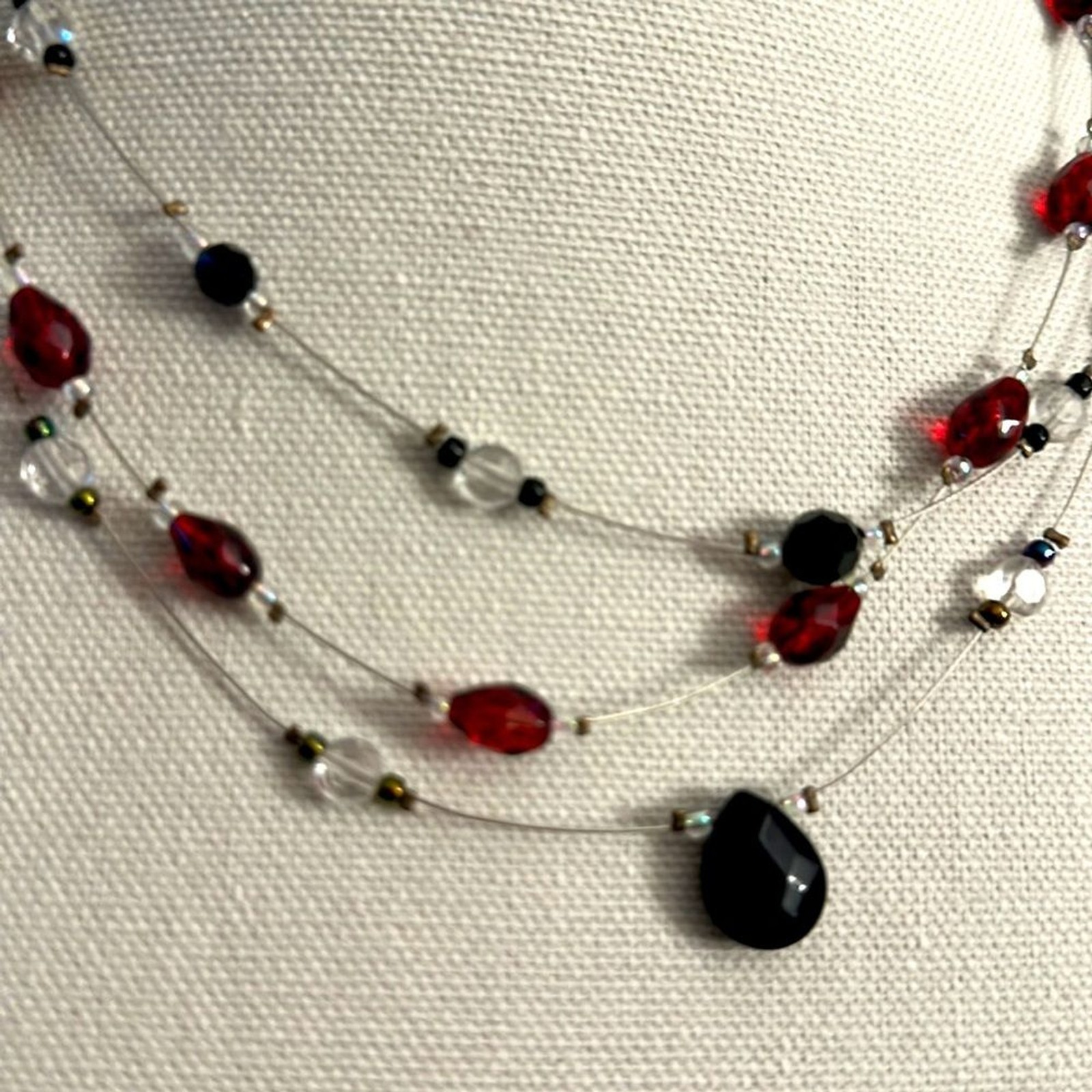 Women 19 inches long Necklace with black and burgundy and crystal clear stones