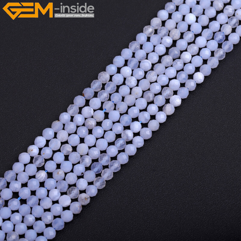 Faceted Natural Blue Chalcedony Stone Spacer Bead Jewelry Making 15″ 2mm 3mm 4mm