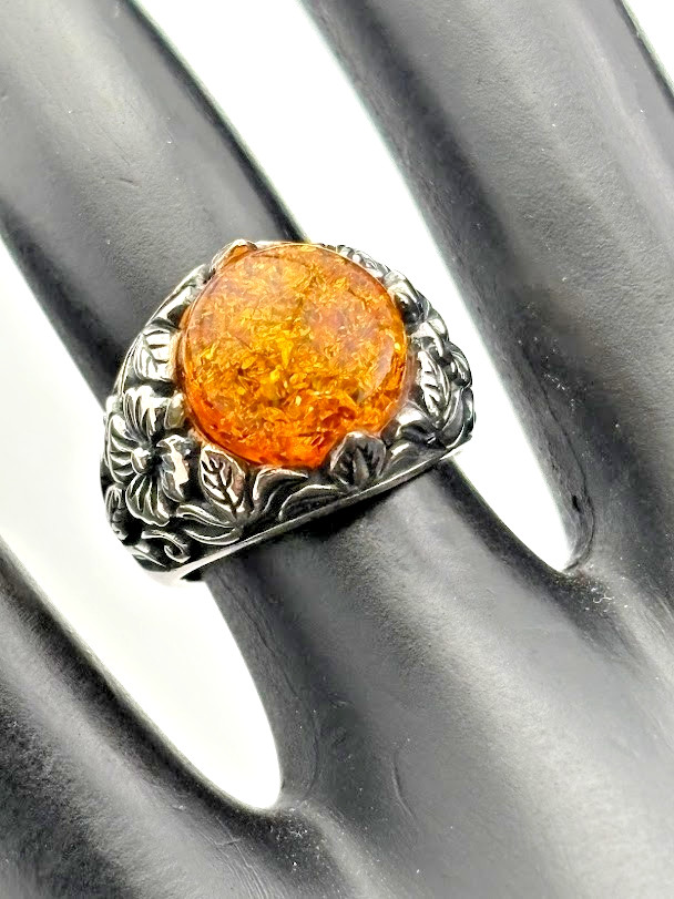 BBJ BANGKOK 925 STERLING SILVER 11MM ROUND AMBER FLORAL RING SIZE 5 BOHO 640