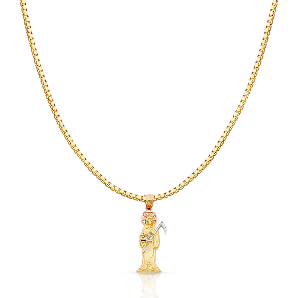 14K Tri Color Gold Grim Reaper Religious Charm Pendant &1.2mm Box Chain Necklace