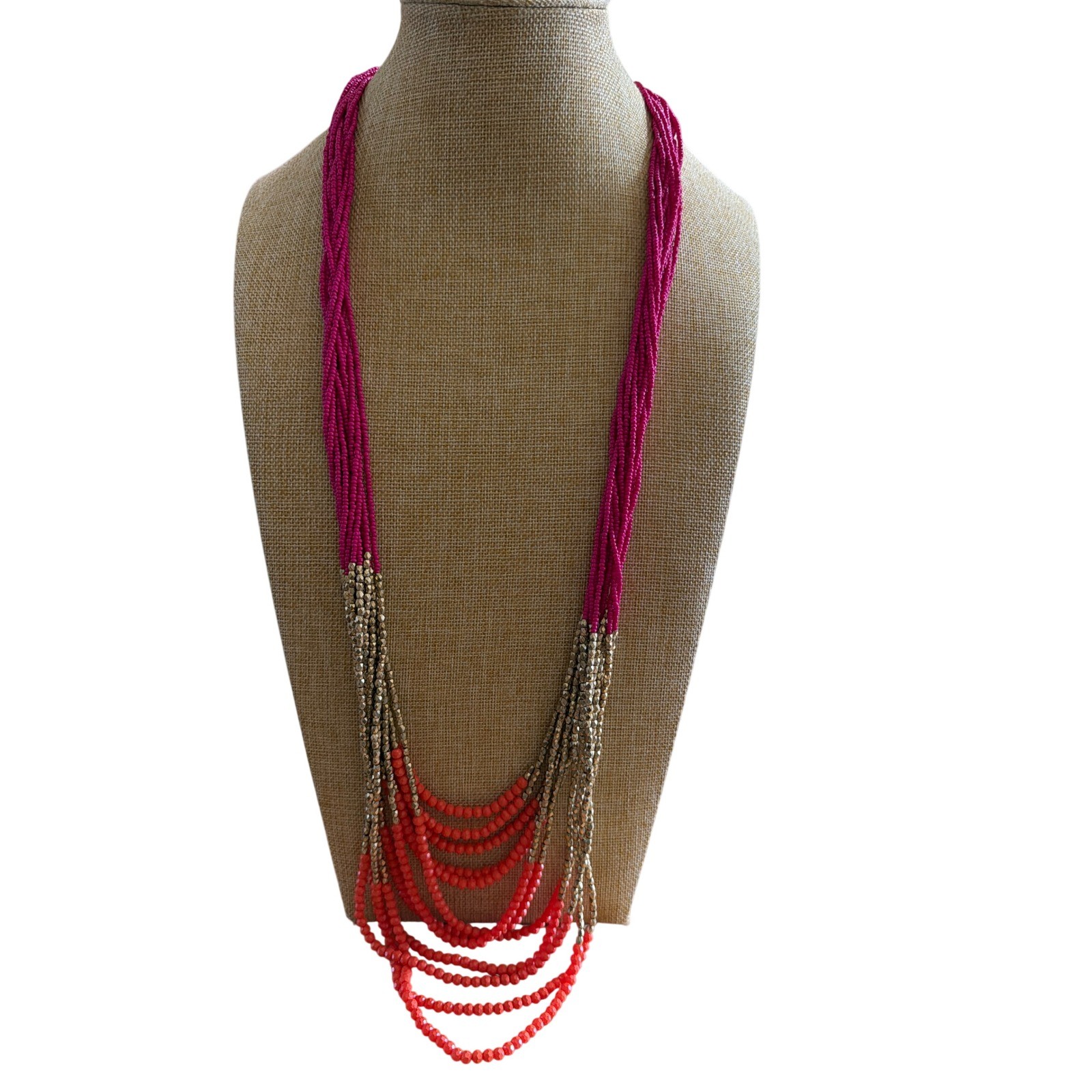 Talbots Multistrand Seed Bead Statement Necklace Pink Gold Coral Colorblock