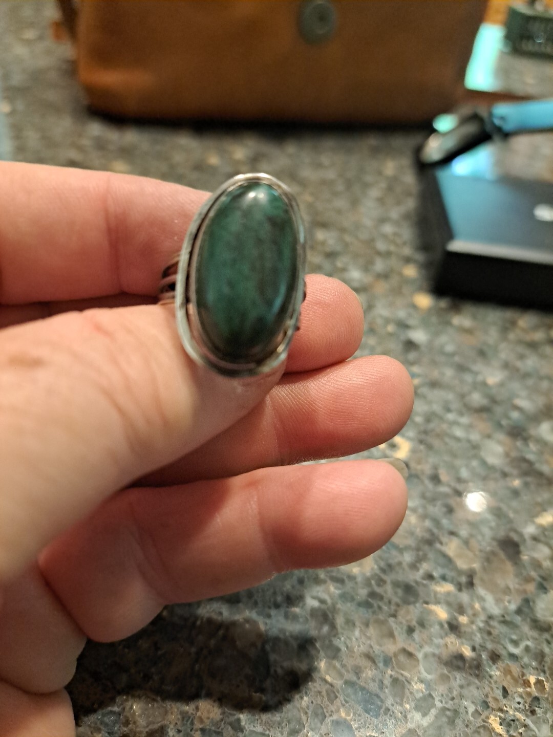 Vintage Sterling Silver 925 Malachite Cabochon Ring Adjustable Size 8 7.69g