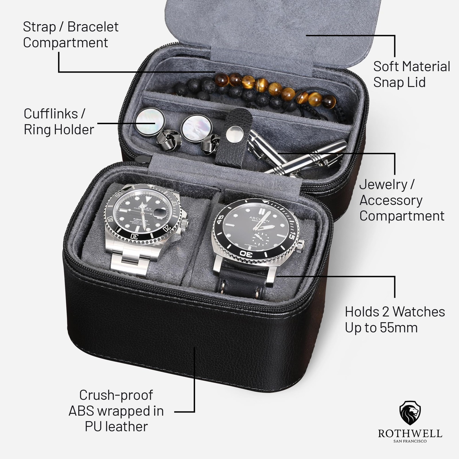 ROTHWELL 2 Watch Travel 5.5 x 4 x 3.25 inches, Black/Grey – w/ Accessory Lid