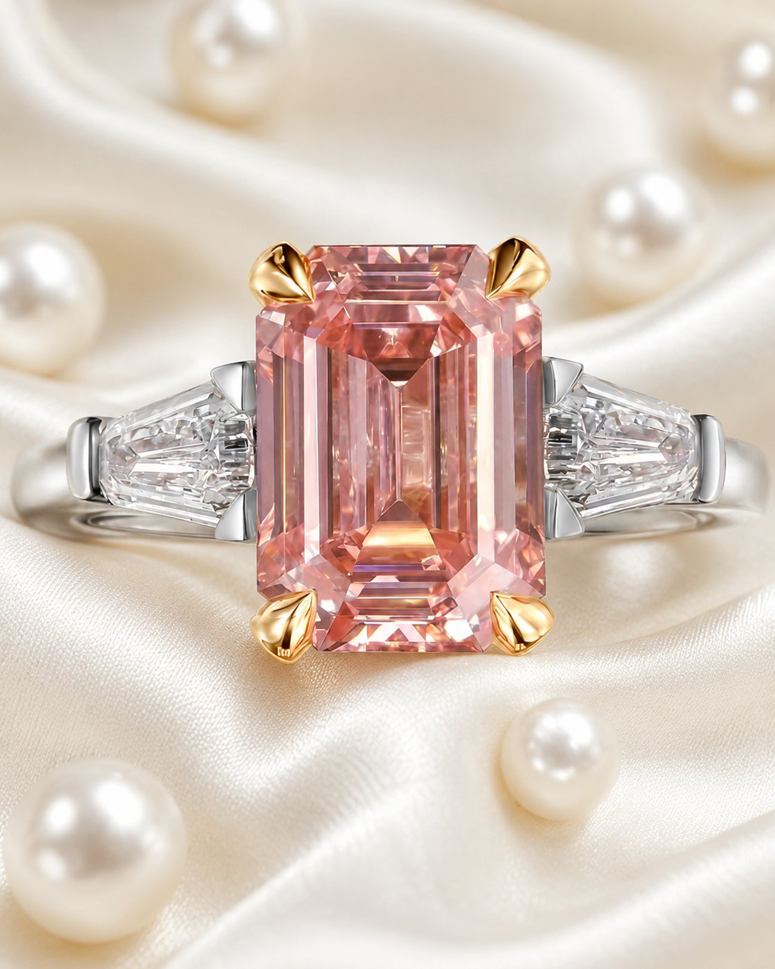 Fancy Intense Pink Diamond Ring 18k Multi Gold IGI Lab Grown 4.70 Ct Emerald Cut