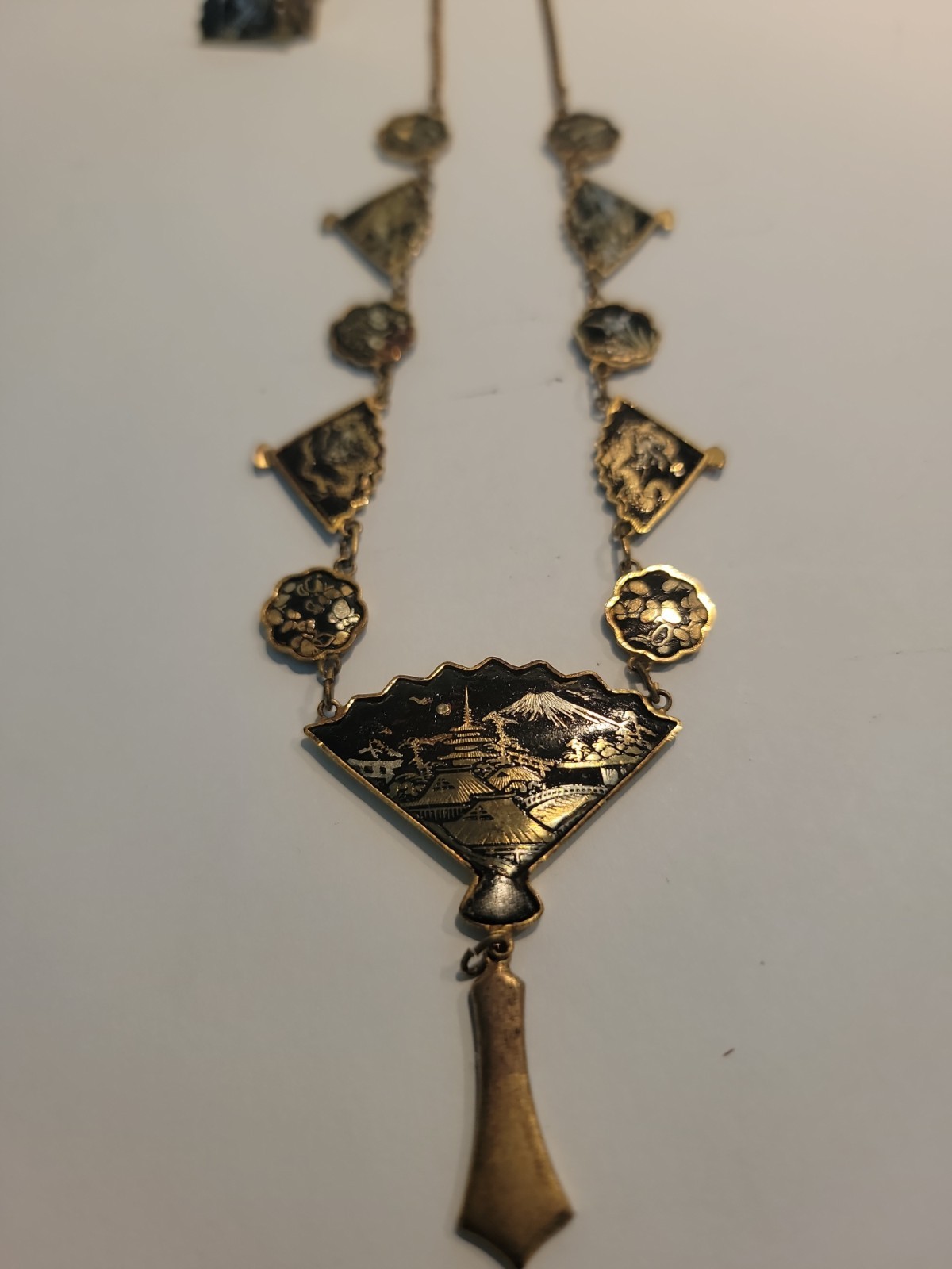 Vintage Japanese Shakudo Damascene Asian Festoon Fan Butterfly Pendant Necklace