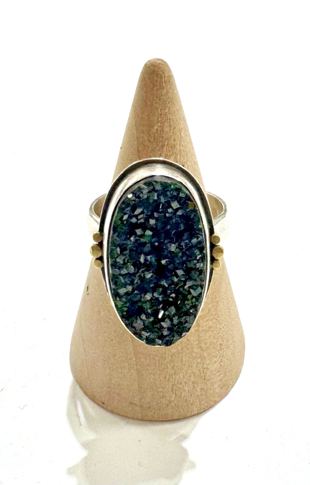 Ananda Khalsa – Pyrite Druzy Cocktail SS Hammered Ring with 22K Gold Trios