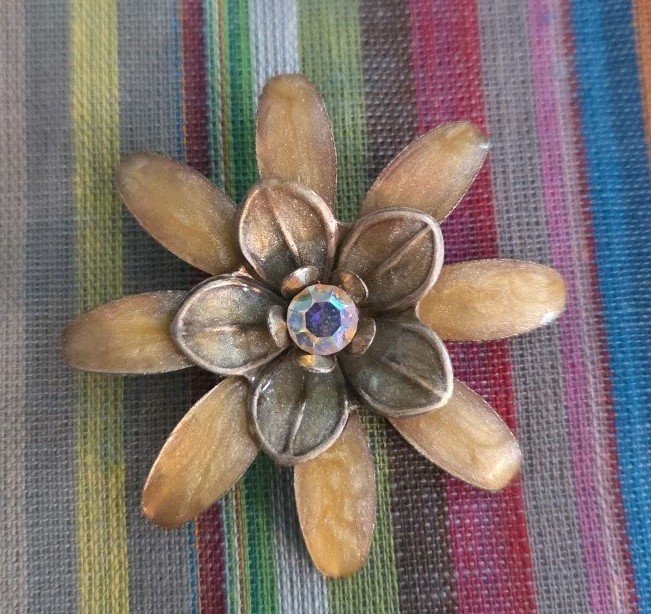 Enamelware Pin / Brooch. With iridescent stone