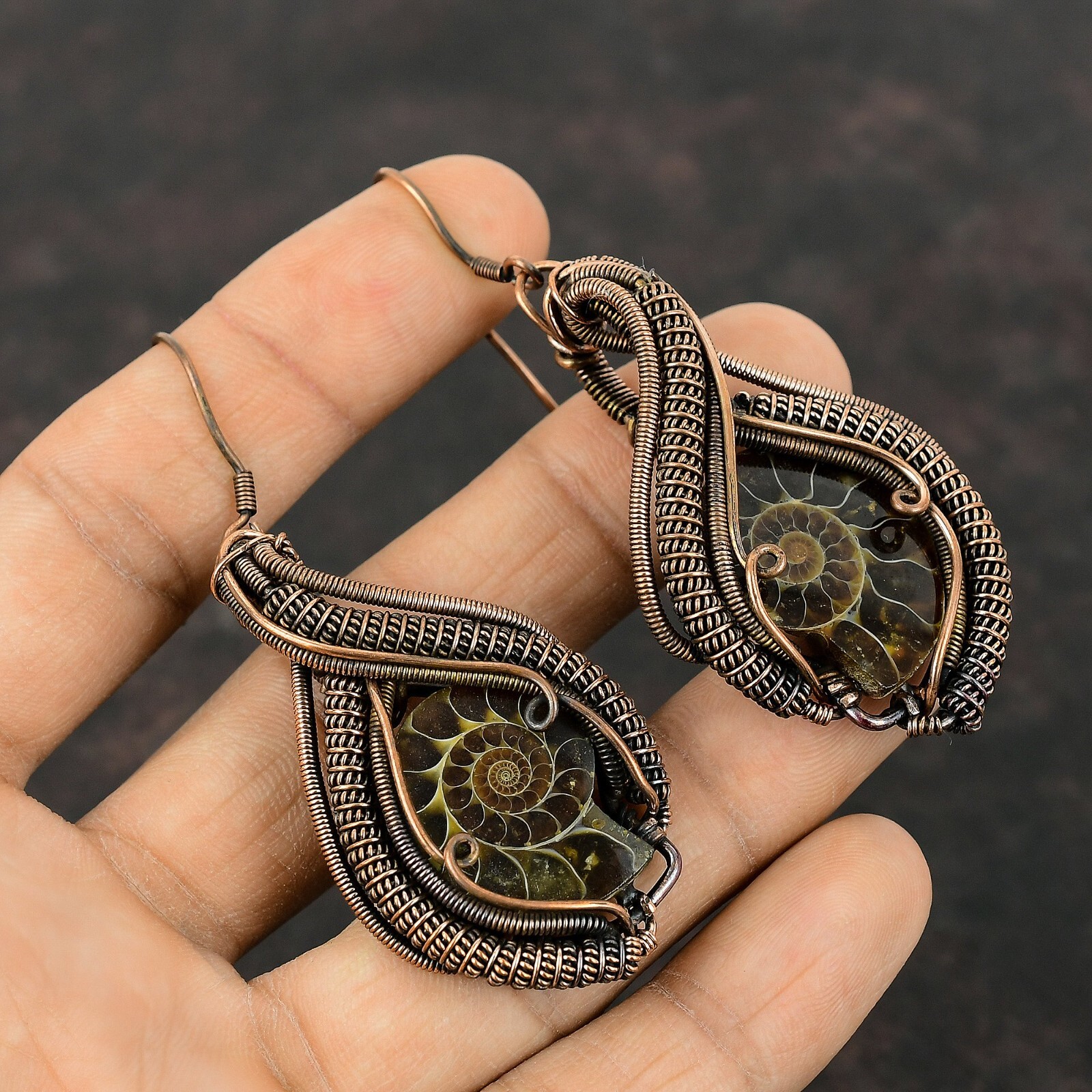 Gift For Her Ammonite Fossil Wire Wrapped Earrings Copper Jewelry 3.11″