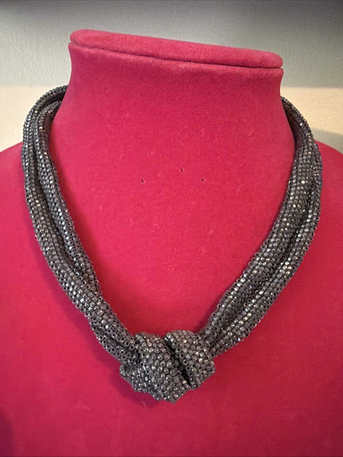 Silver Tone Bead Knotted Double Strand Statement Choker Necklace