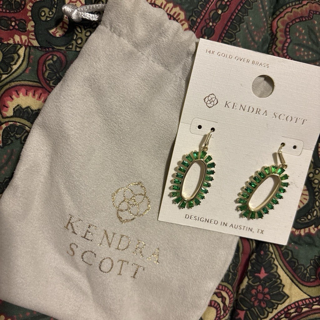 Kendra Scott Oval Drop Earrings Green Crystal 14K Gold Over Brass French Wire