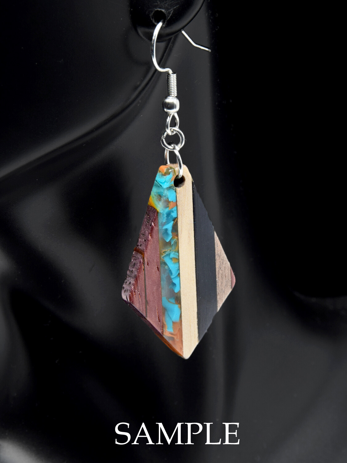 Stainless Steel & Natural Wood W/Color Swirl Resin Point Drop Earrings! LQQK!