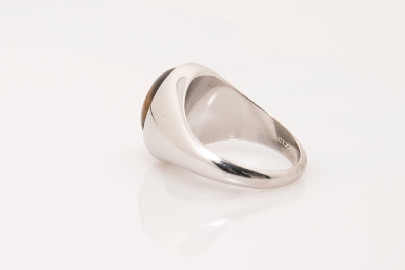Solid 925 Sterling Silver Natural Tiger’s Eye Oval Gemstone Men’s Unisex Ring
