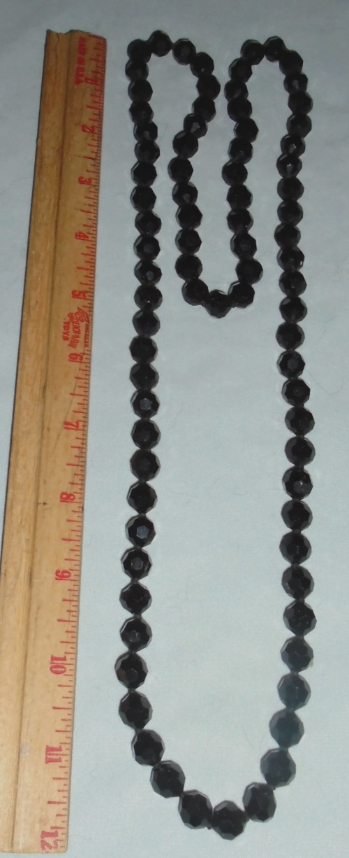Jet Black Glass Knotted Beaded 36″ Necklace 3/8″ Faceted Beads VTG FREE SHIP