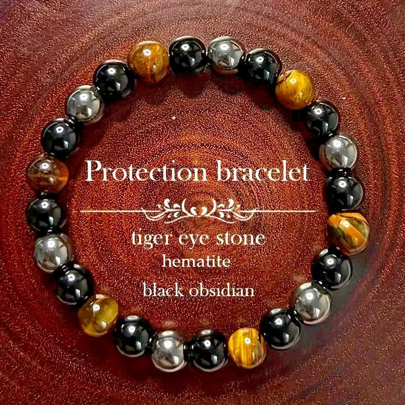 Triple Protection Tiger Eye Hematite Obsidian Bead Healing Stretch Bracelet Gift