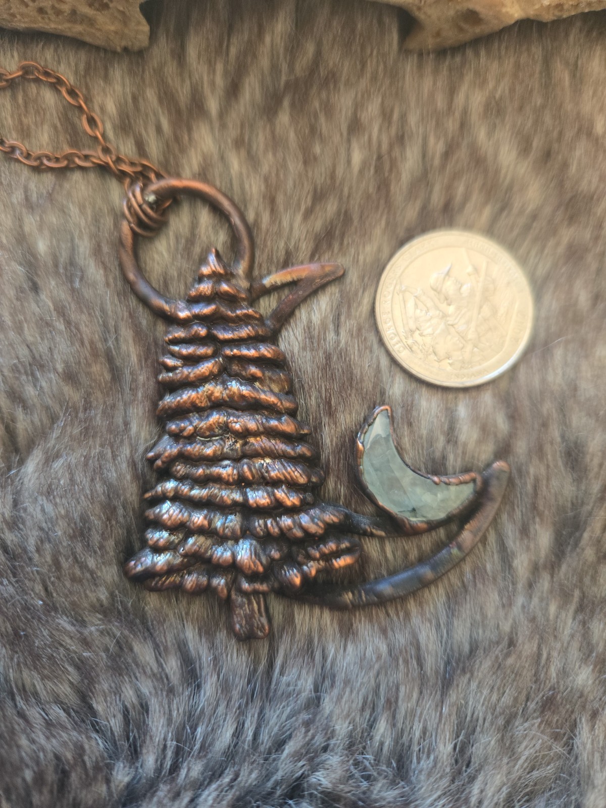 Prehnite Crystal Moon Necklace, Hand-Sculpted Tree Pendant, Copper Electroformed