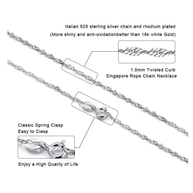 Sterling Silver Singapore Chain Necklace 16 18 20 22 24 inch – Solid 925 Silver