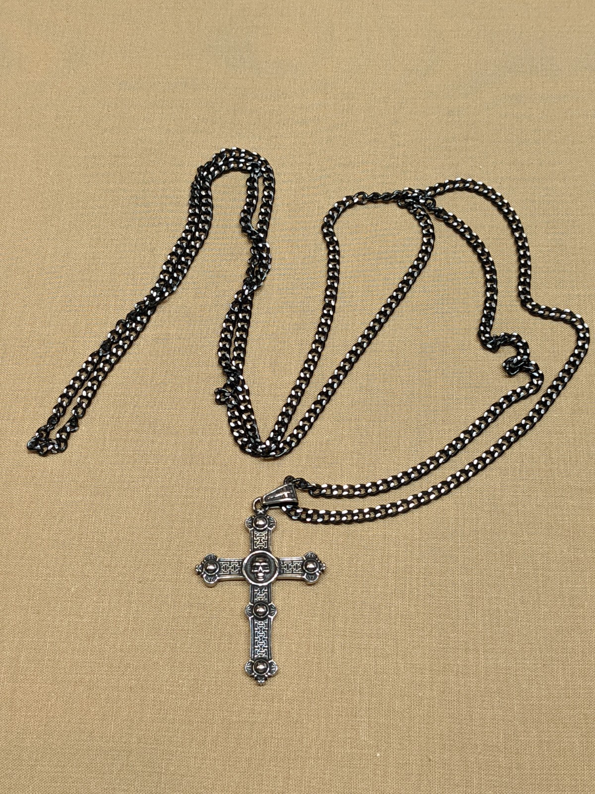 Gothic Skull Cross Necklace Pendant Silver Tone Black Chain Emo Rebel Biker ~47″