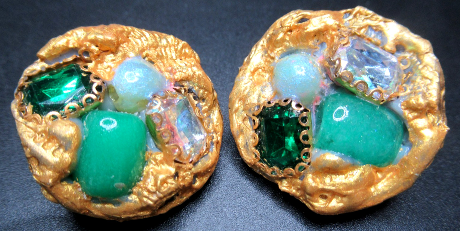French Designer Unsigned Gilded Resin Rhinestone Clip Earrings