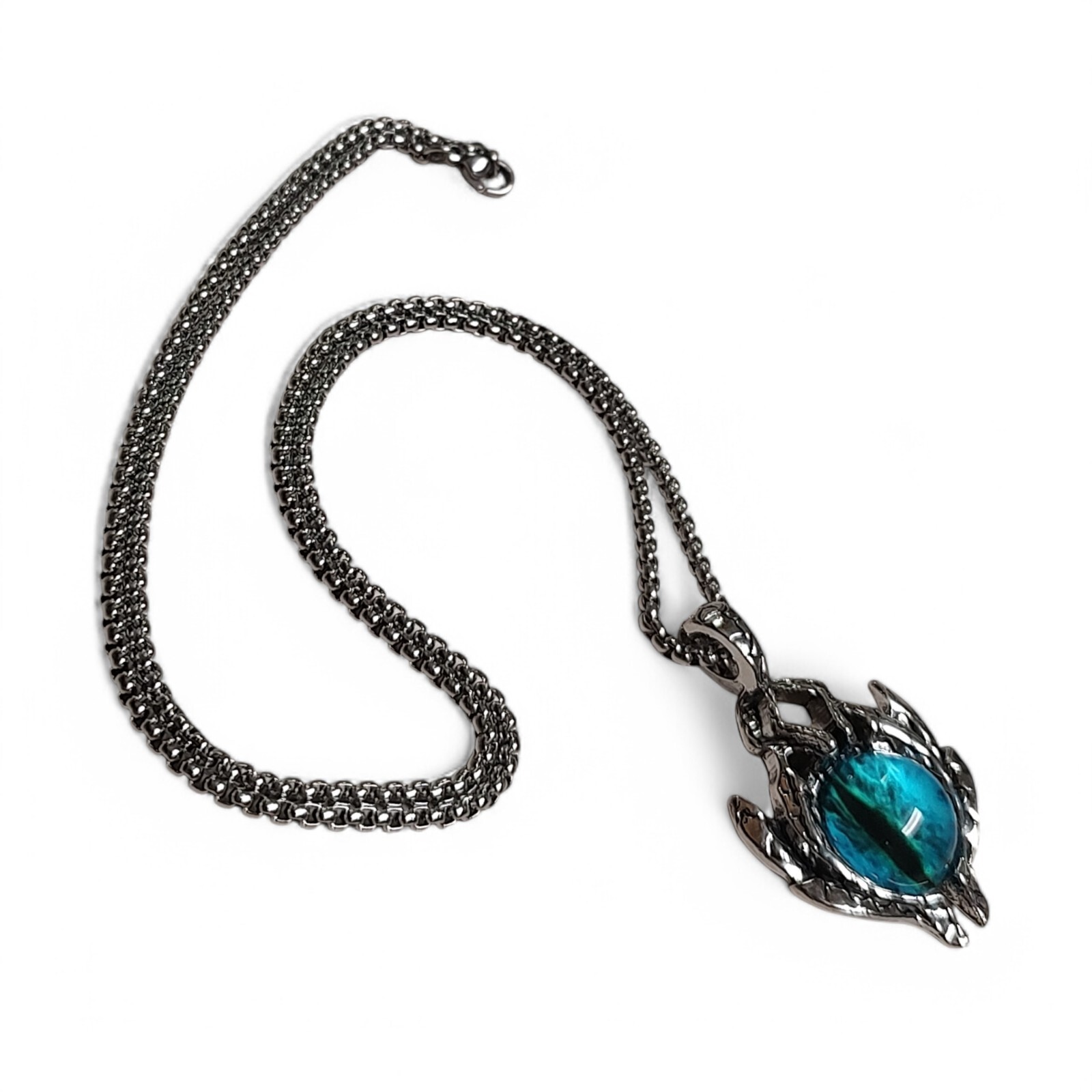 Chunky Blue Dragon’s Eye Amulet Talisman In Stainless Pendant Necklace 23.5″