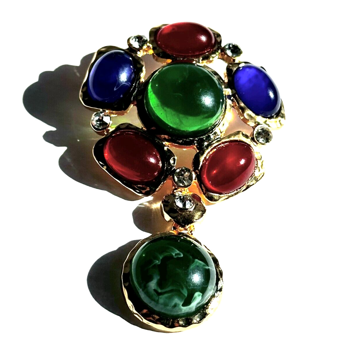 Gold Tone & Multicolor Cabochon Acrylic & Crystal Rhinestones Brooch