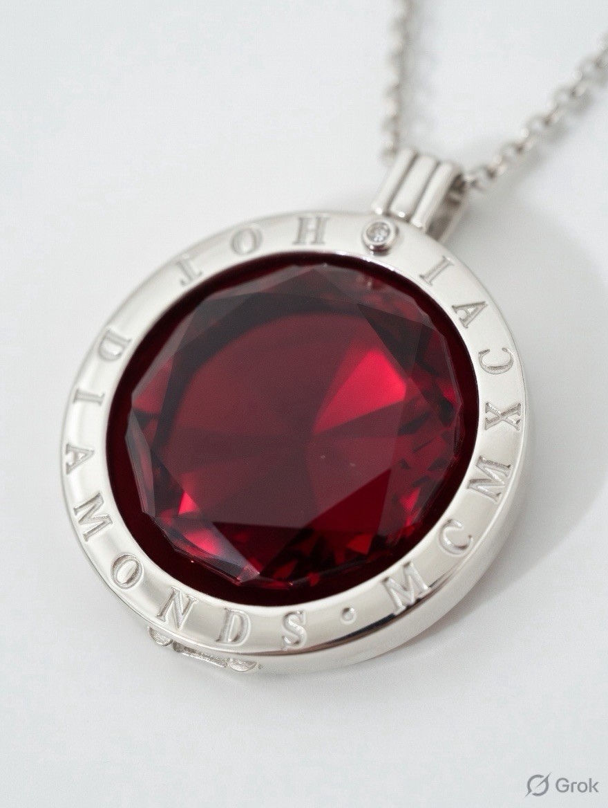 Sterling Silver 925 Domed Natural Diamond red Gemstone Necklace 20mm Pandent