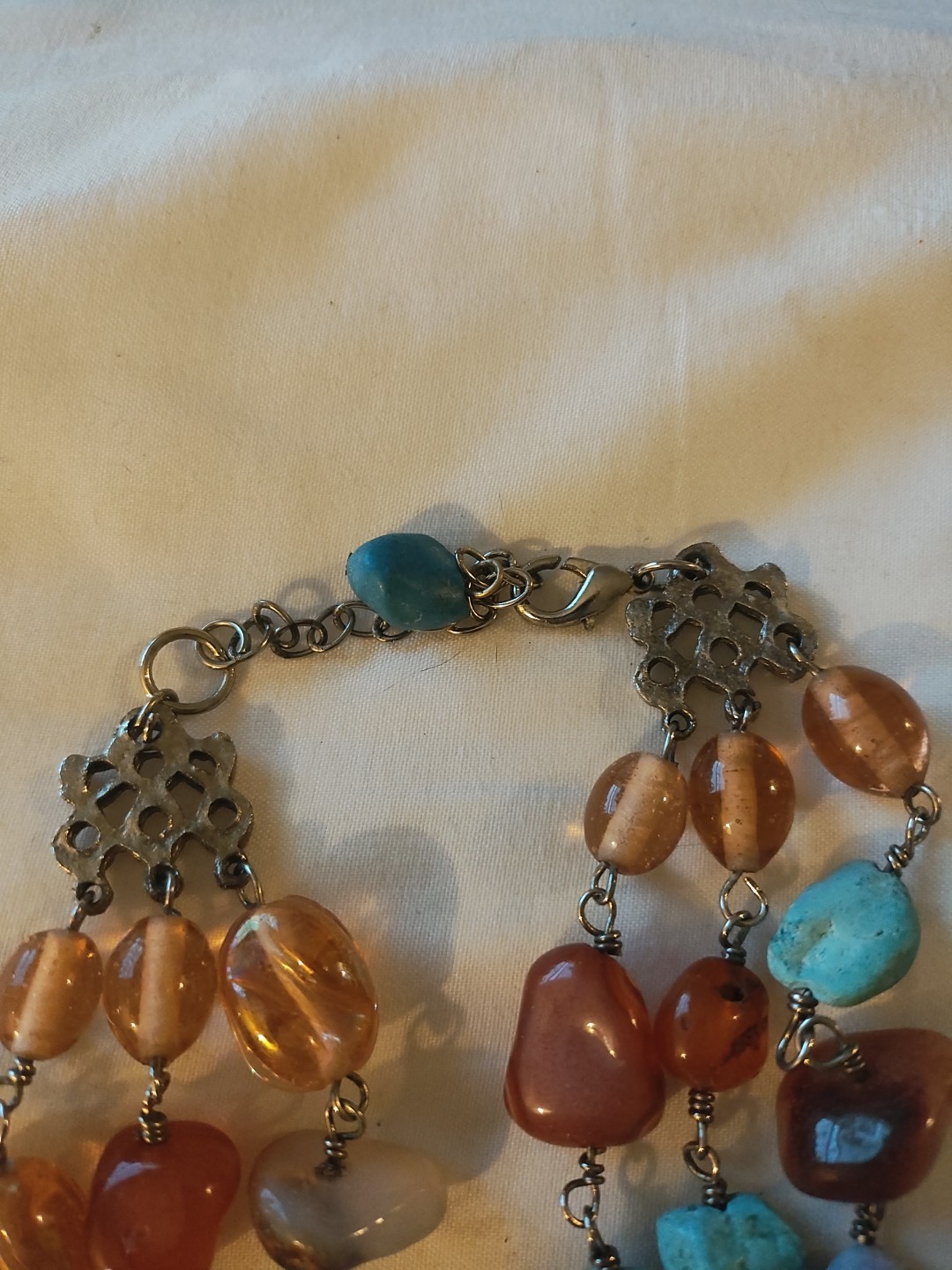 Artisan Amber & Turquoise 19″ 3 Strand Rock Necklace/ Earrings Southwest. Read