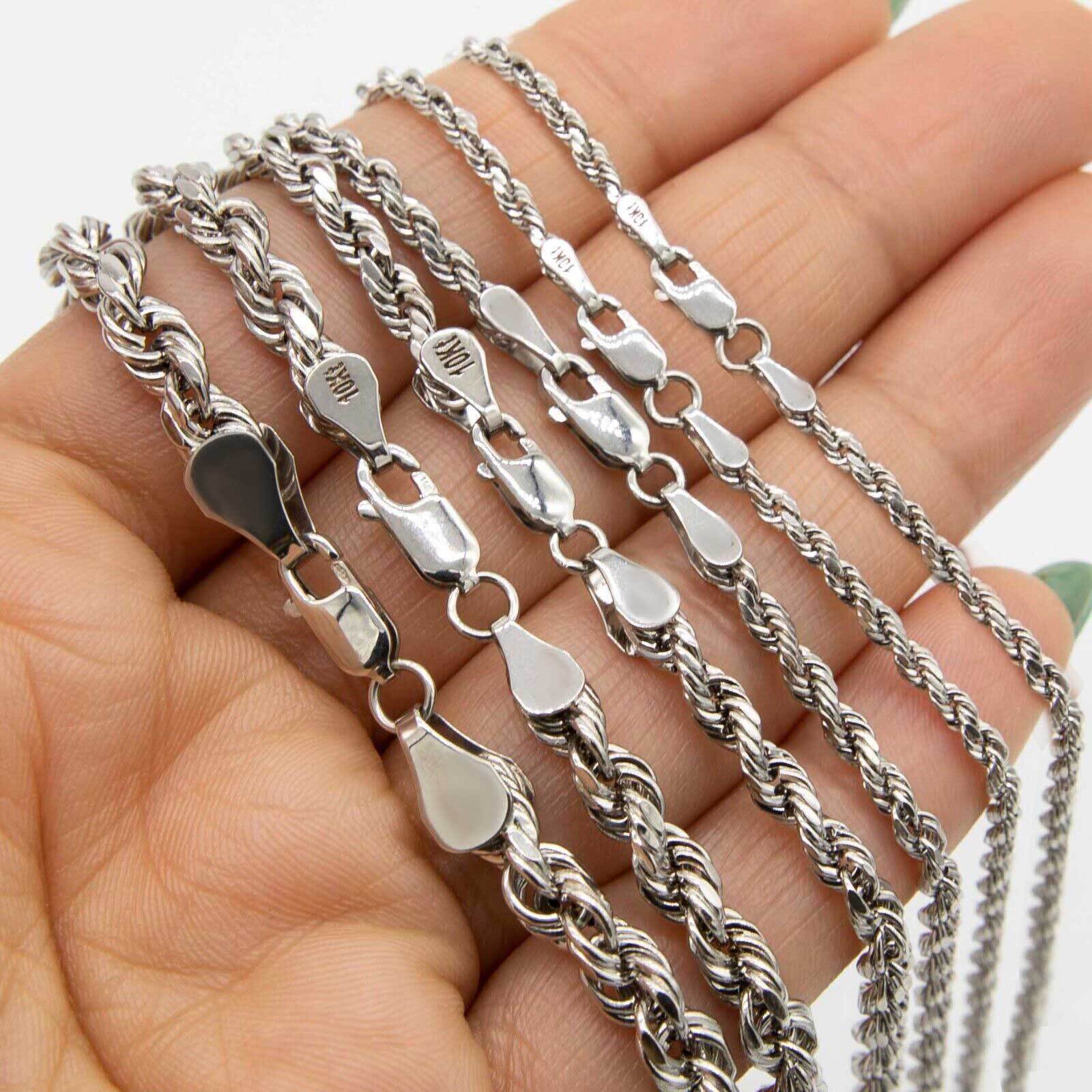 Rope Chain Necklace Real Hollow 10K White Gold All Sizes