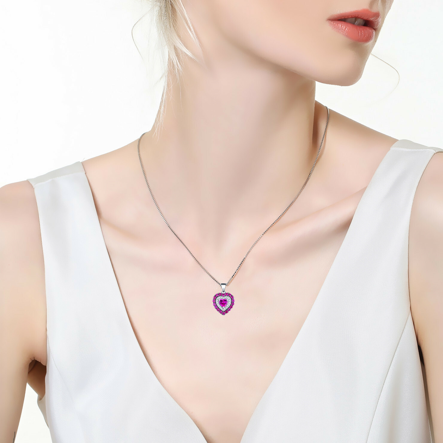 925 Sterling Silver Pendant Necklace Simulated Ruby Heart Gift for Women