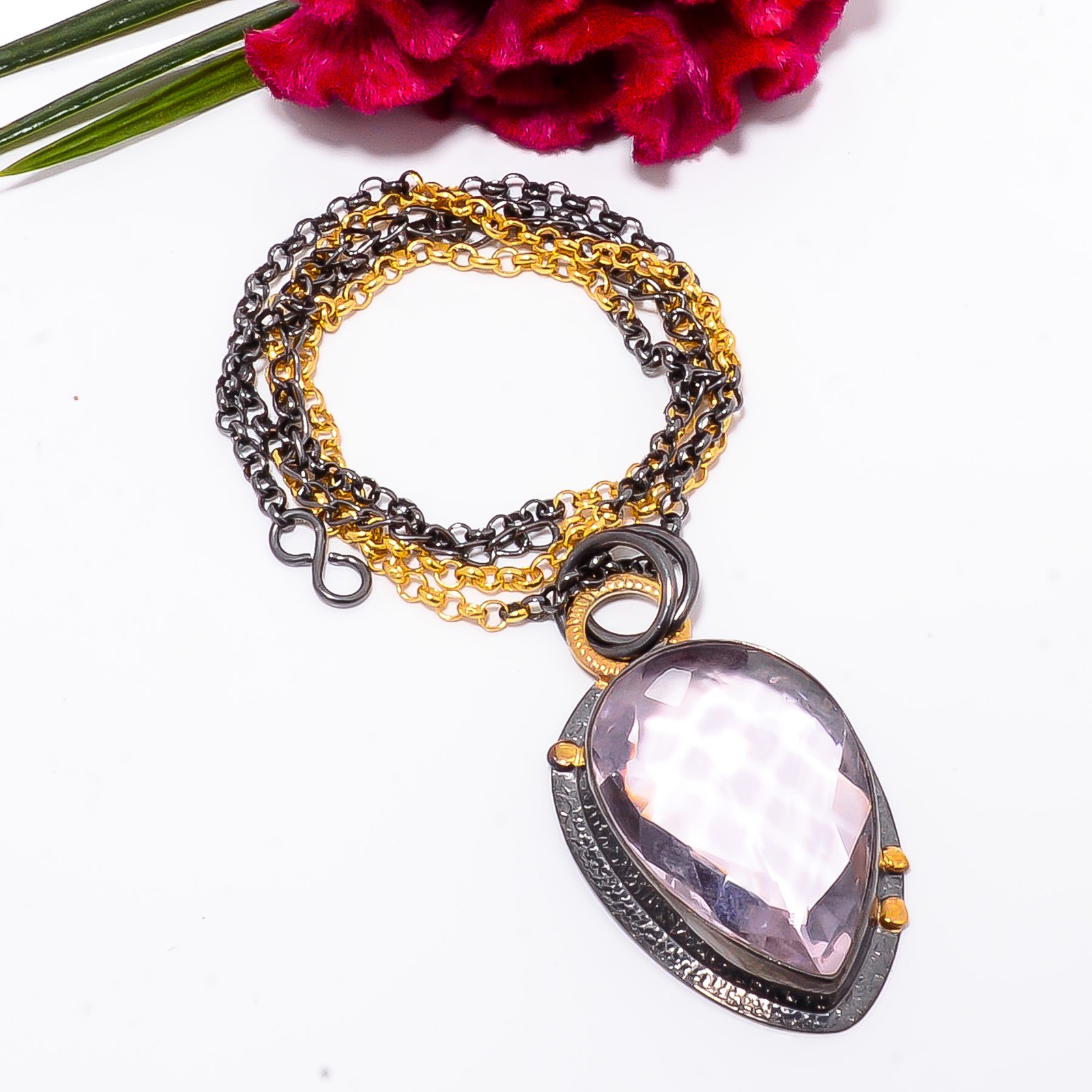 Pink Kunzite Black And Gold Rhodium 925 Sterling Silver Chain Pendant 18-22″ S20