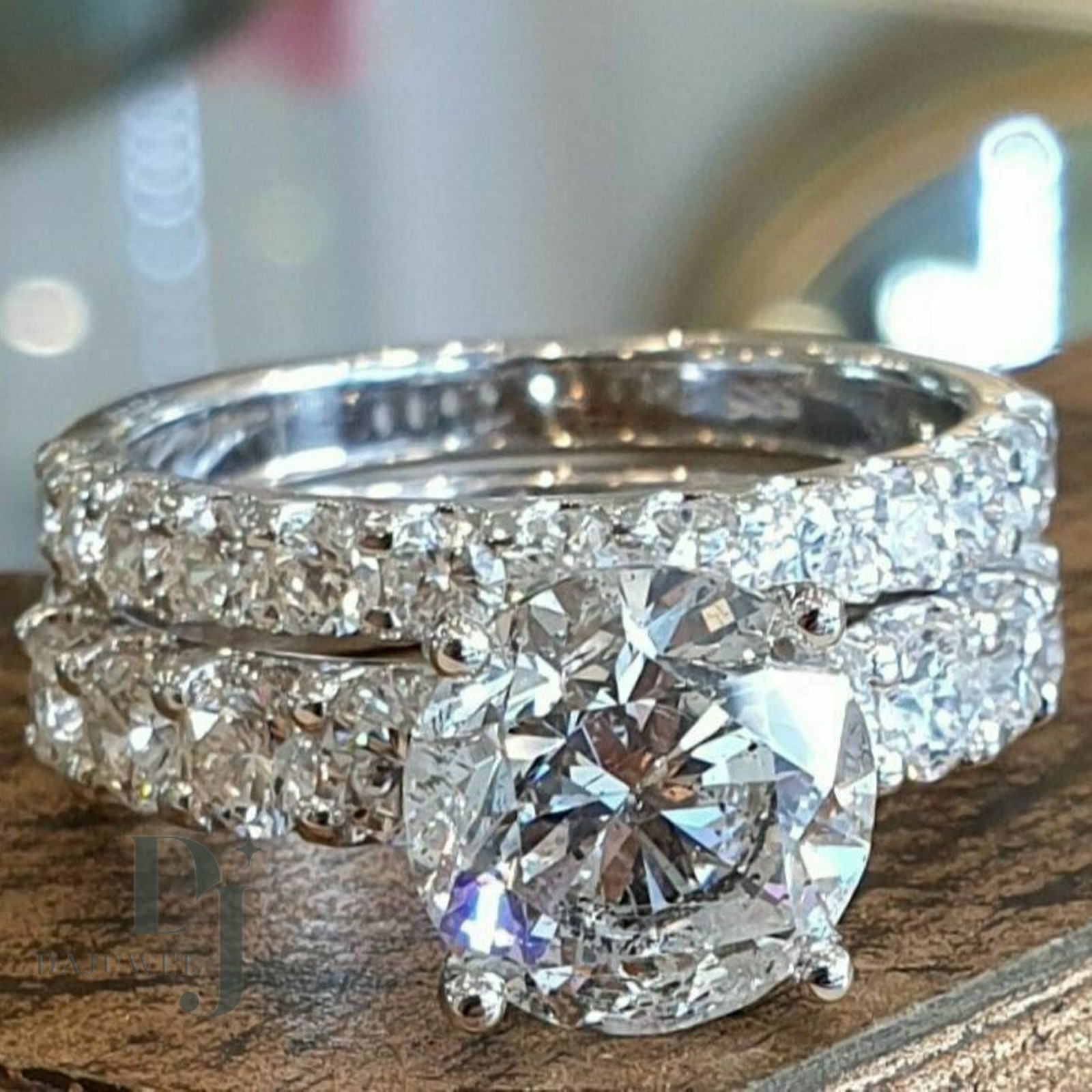 Moissanite Bridal Set Engagement Ring 2.70 Carat Round Cut Solid 14K White Gold