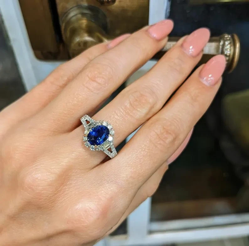 3.10 Ct Oval Natural Sapphire & Diamond Wedding Ring 14K White Gold Size 5
