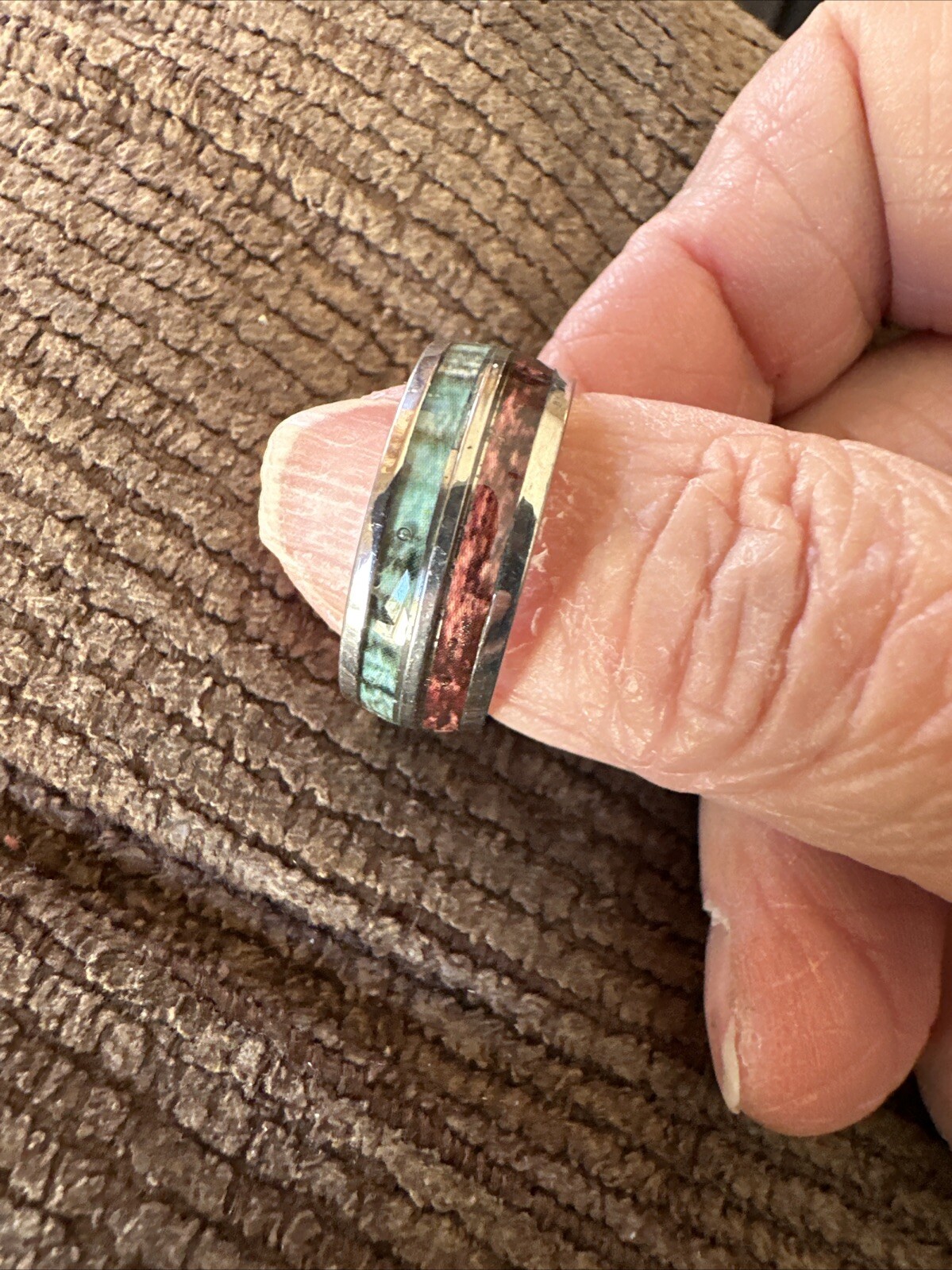 Stainless Steel 8mm Resin Inlay Wood And Seaweed In A Size 7