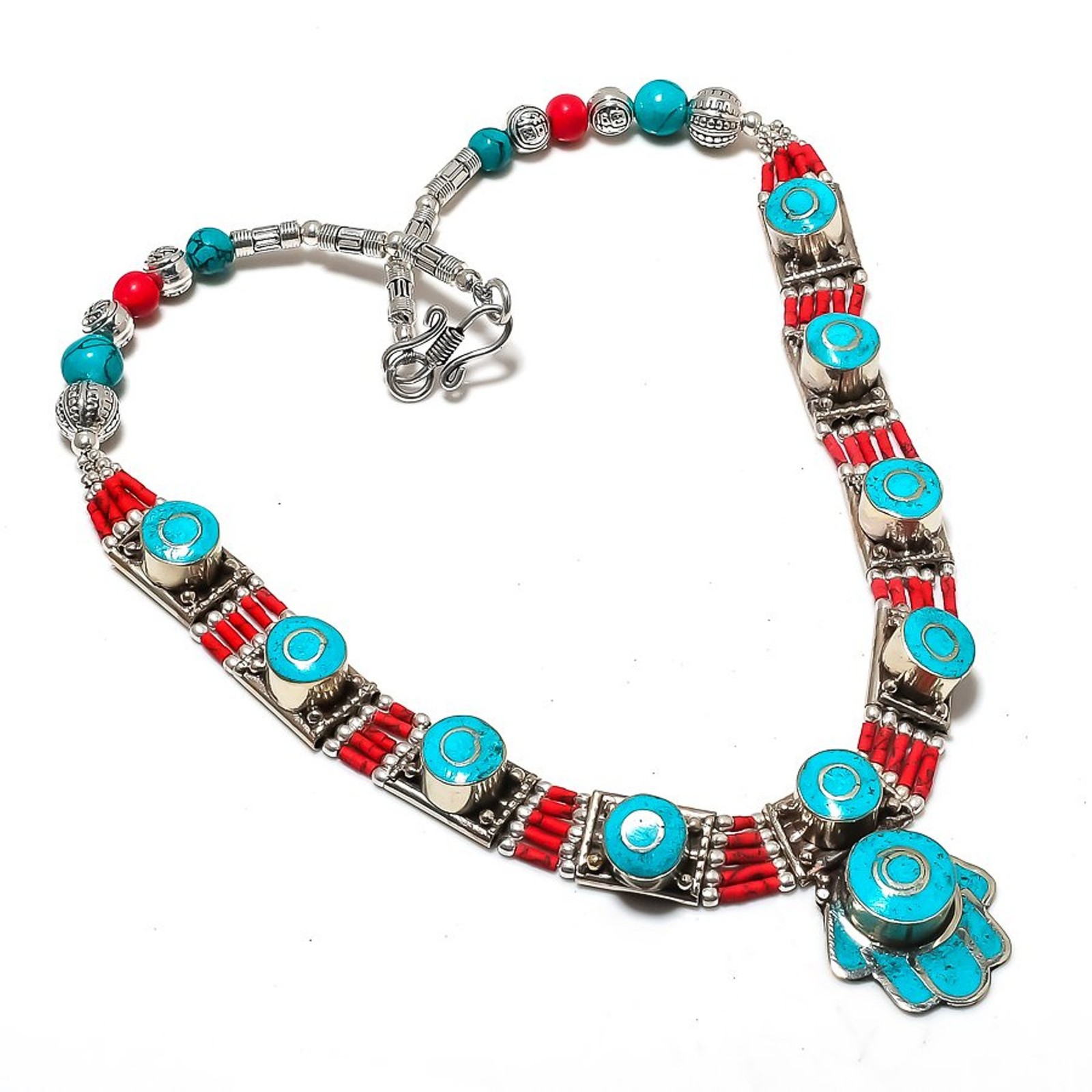 Turquoise Red Coral Gemstone Necklace Tibetan Awesome Nepali Jewelry 18″ NN 7109