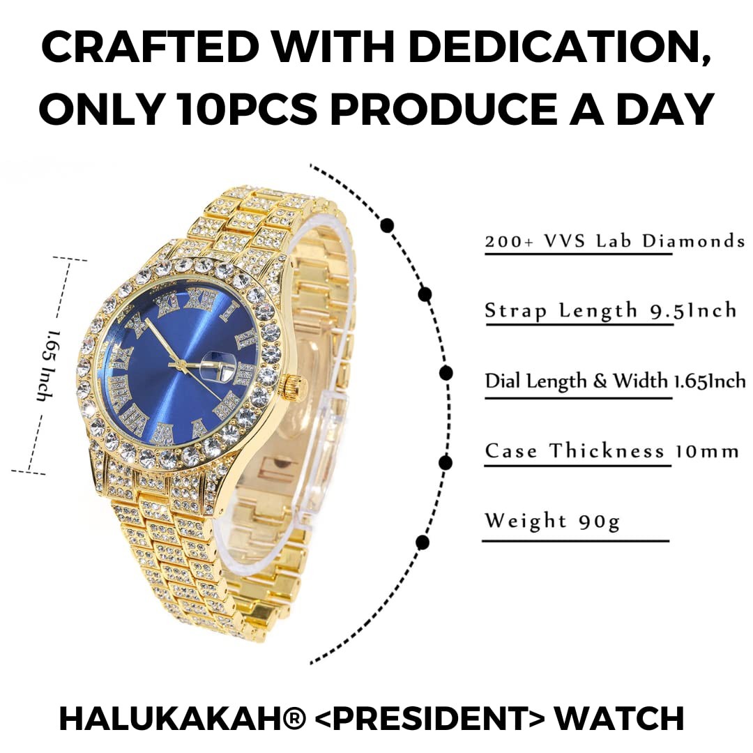 Men’s 18K Gold Plated Alloy Watch Iced Out 42MM Blue Dial Quartz Handset Diamond