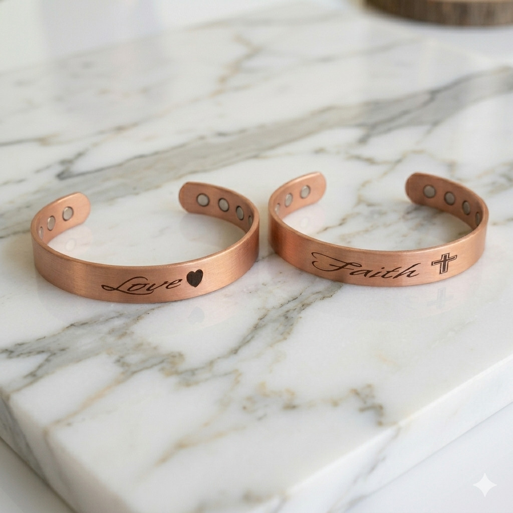 2 Pack Pure Copper Magnetic Bracelet Solid Copper Cuff FAITH CROSS LOVE HEART