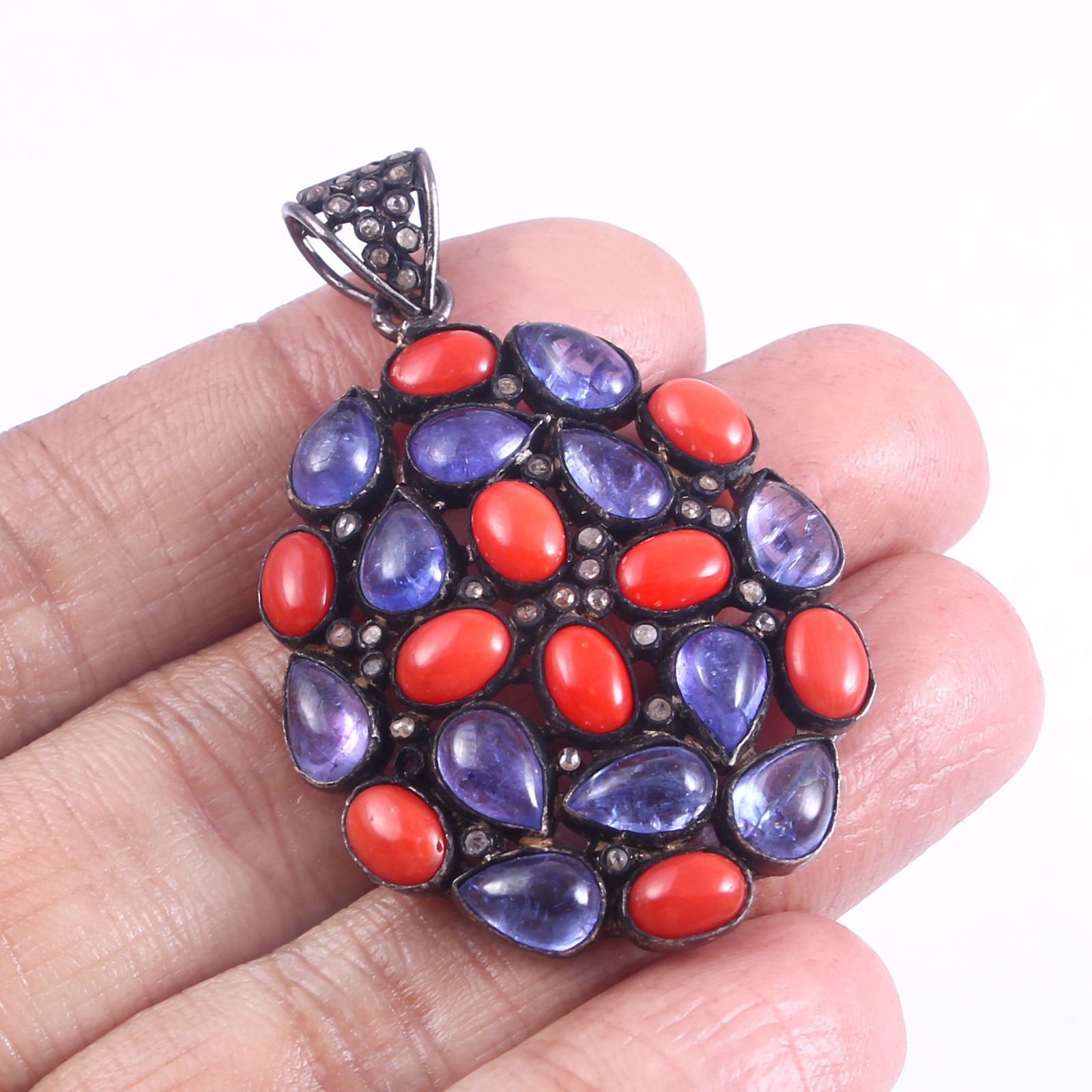 Natural Coral Blue Tanzanite Rose Cut Diamond Pendant 925 Silver Gold Plated